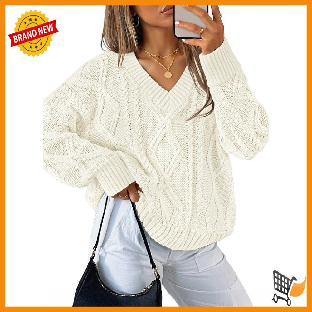 Oversized Cable Knit V-Neck Pullover Sweater - Autumn Winter Essential